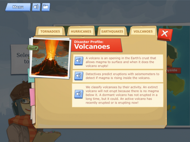Screenshot from the educational earth science game, Disaster Detector