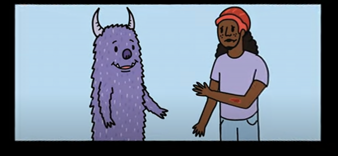 A friendly monster named Tycho talks to a girl named Desta.