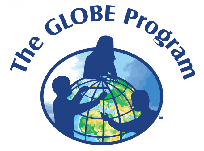 Globe program logo with illustration of three children's silhouette's around a illustrated earth and text that says The Globe Program.