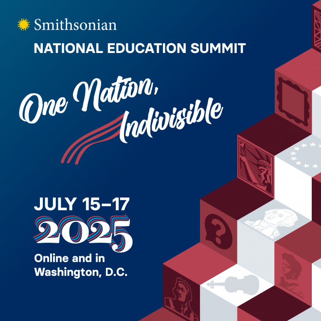 Graphic: Red and white isometric flag over a dark blue photo background. Text: Smithsonian National Education Summit. July 15–17, 2025.