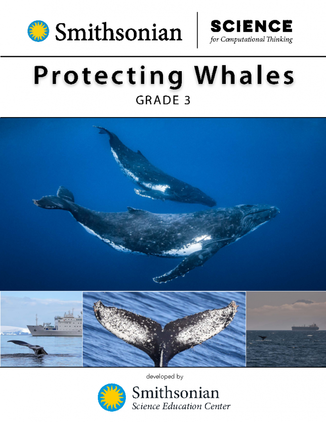 The Protecting Whales teacher guide cover with a collage of images showing a mother and baby humpback whale, a whale fluke in front of a military ship, a whale fluke, and a whale fluke in front of a cargo ship.