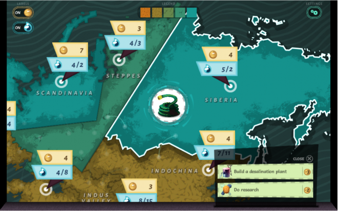 A view of the map in aquation zoomed in on Siberia and Scandinavia showing both water and monetary units 