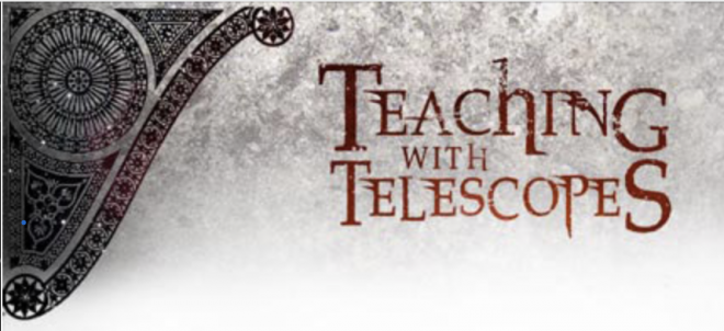 Illustrated moon surface with text that says teaching with telescopes.