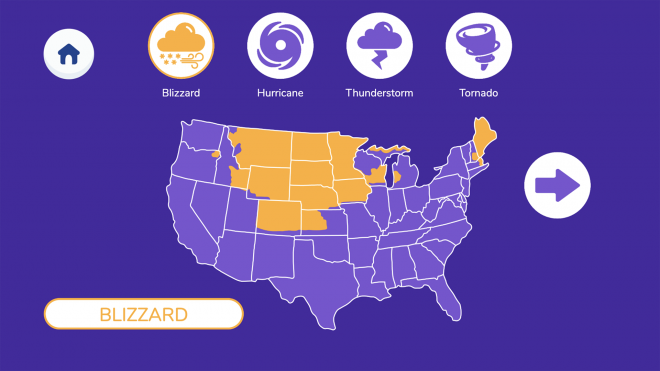 Storm Smart map screen, a map of the United States, with Blizzard selected. Hurricane, Thunderstorm, and Tornado remain unselected.