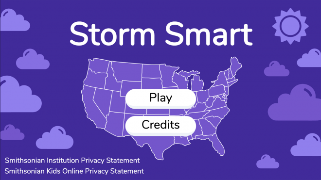 Storm Smart title screen, showing the title (Storm Smart), the play button, the credits button, and links to the Smithsonian Institution Privacy Statement and Smithsonian Kids Online Privacy Statement
