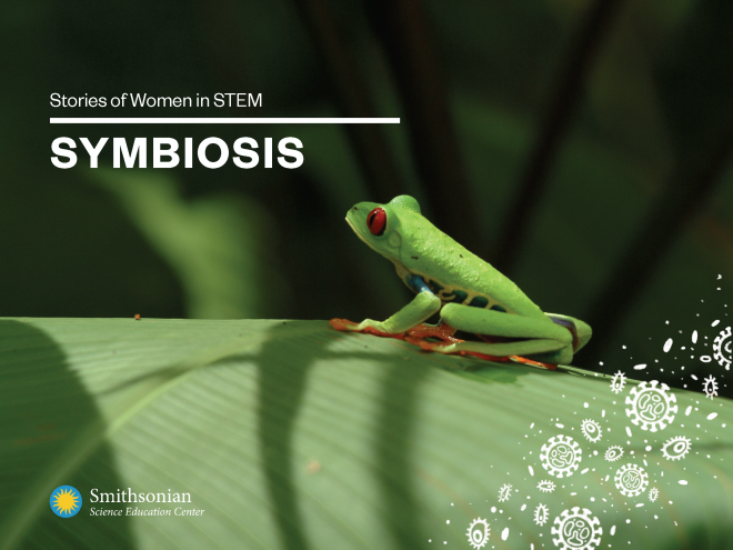 Cover of Stories of Women in STEM: Symbiosis with a green frog on a leaf