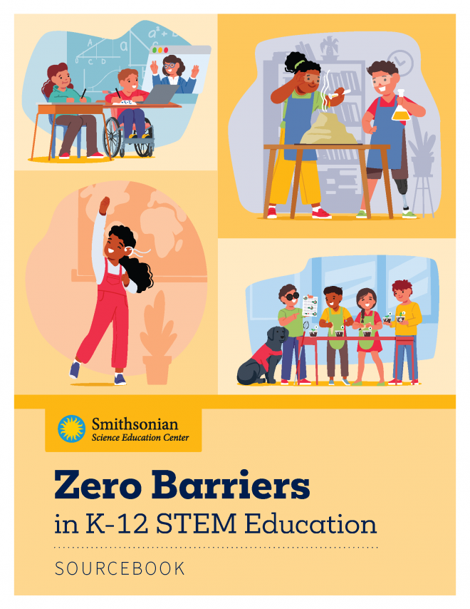 Four colorful illustrations arranged in a grid pattern showing students of all abilities engaging in STEM activities. On the top left, three students, one in a wheelchair, and another on a online platform engage in a virtual lesson. On the top right, two students, one with a prosthetic leg are standing, working together on a science experiment. On the bottom left, a girl wearing a cochlear implant raises her fist confidently in front of a map. On the bottom right, 4 students  stand around a table working on