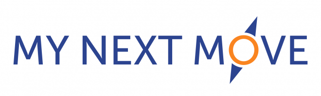 Blue text that says my next move with the o of move being shaped like a compass with two orange arrows
