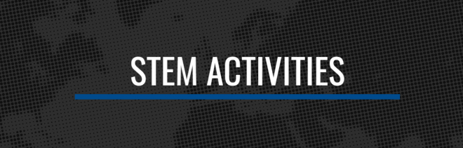 A black pixilated backgorund with outlines of the continents with white text that says STEM activities.