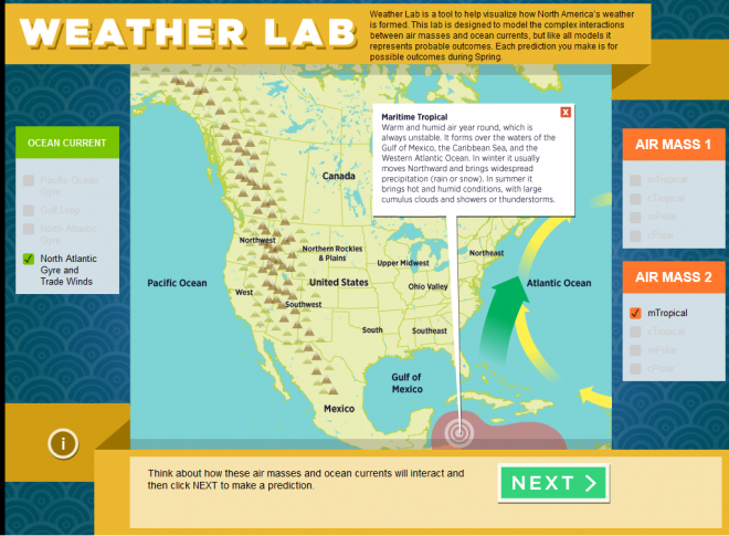 Screenshot of the educational earth science app, Weather Lab