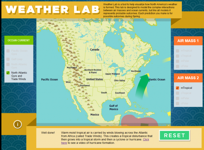 Screenshot of the educational earth science app, Weather Lab